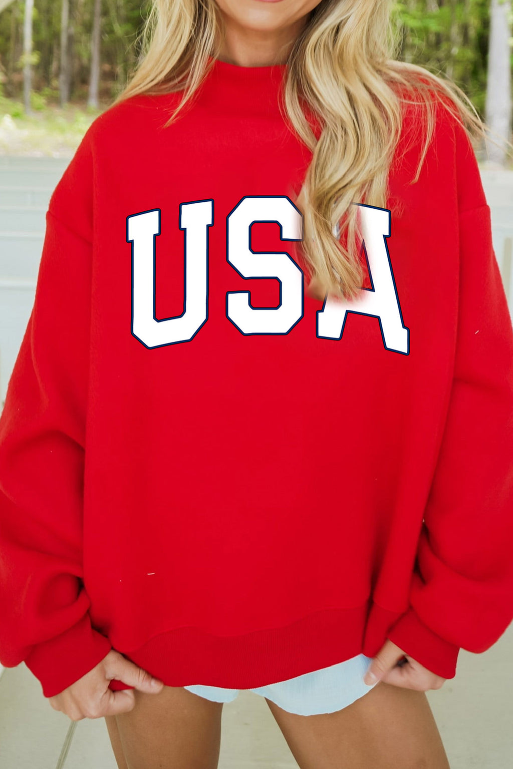 Racing Red American Flag/ USA Double Side Print Reversible Mock Neck Sweatshirt