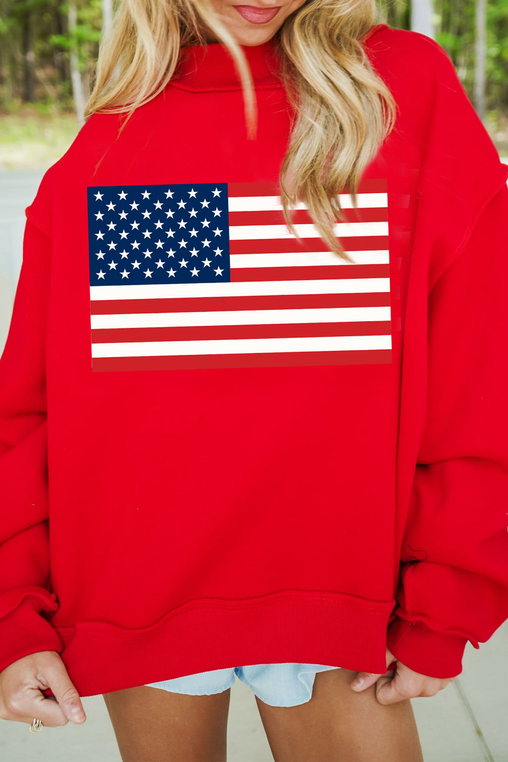 Racing Red American Flag/ USA Double Side Print Reversible Mock Neck Sweatshirt