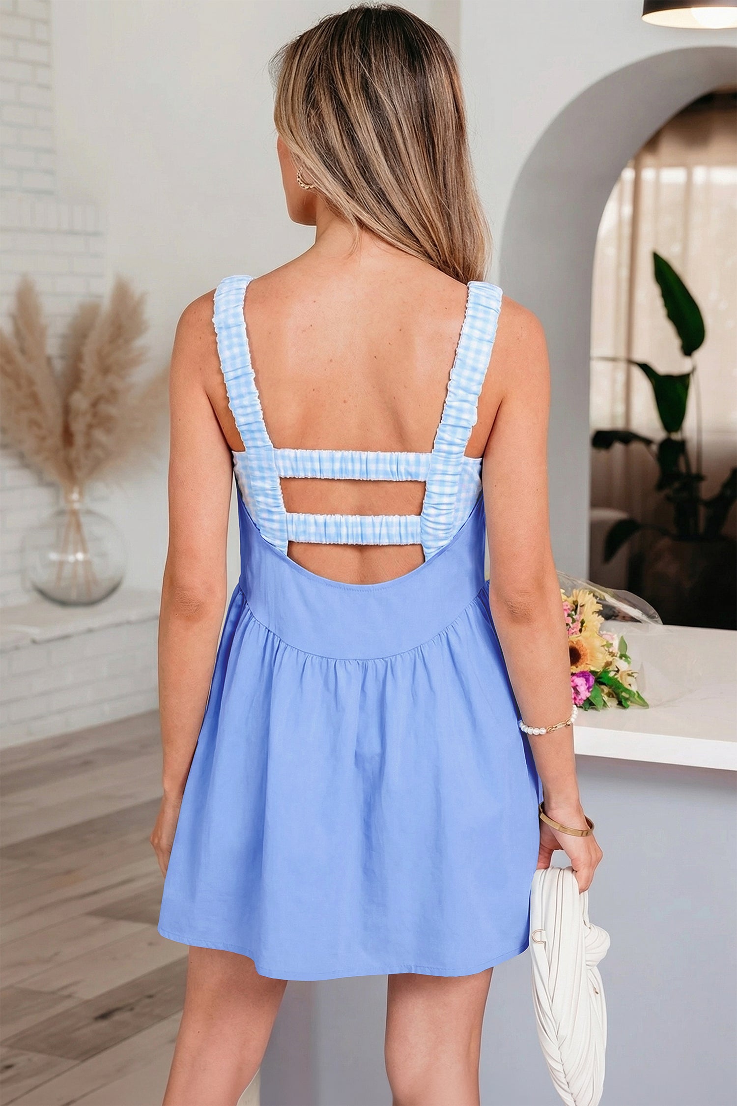 White Faux Two Piece Gingham Contrast Patchwork Loose Mini Dress