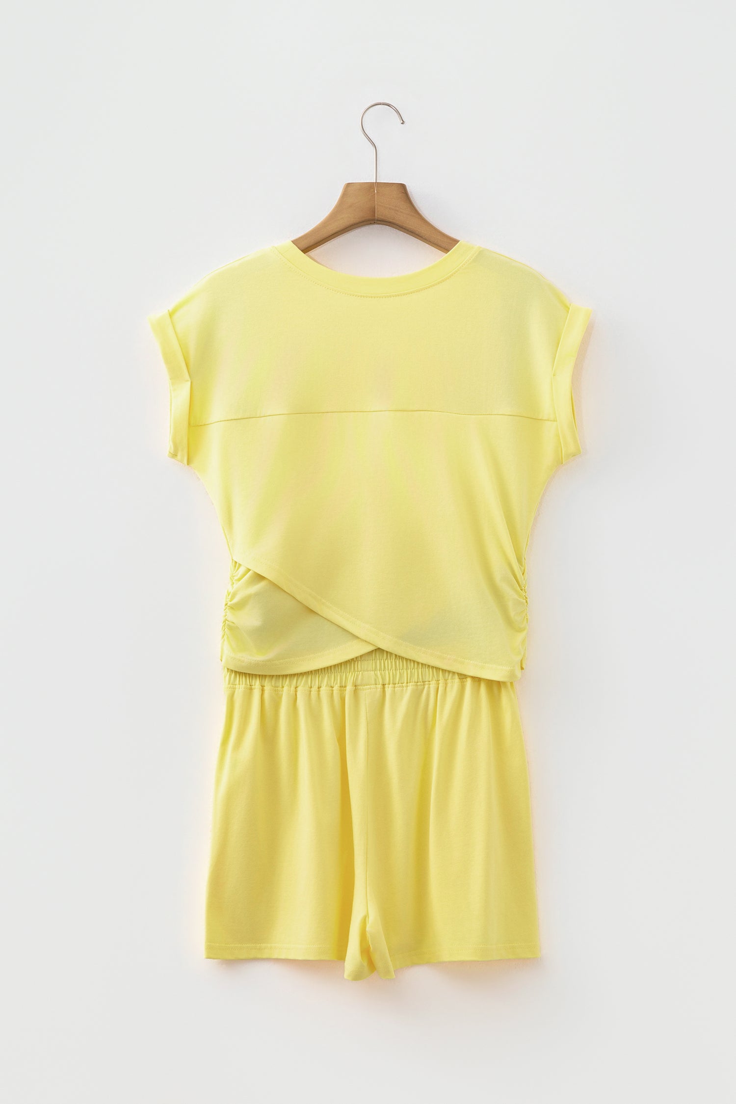 Mist Blue Solid Short Sleeve Elastic Waist Pocket Casual Two Piece Short Set