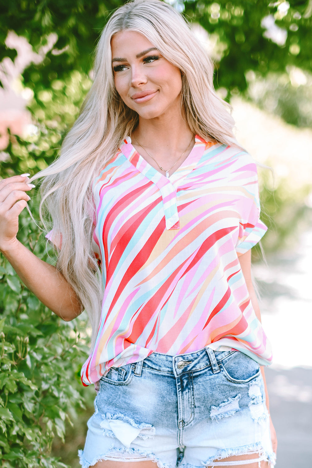 Multicolor Abstract Print High Low Short Sleeve Blouse
