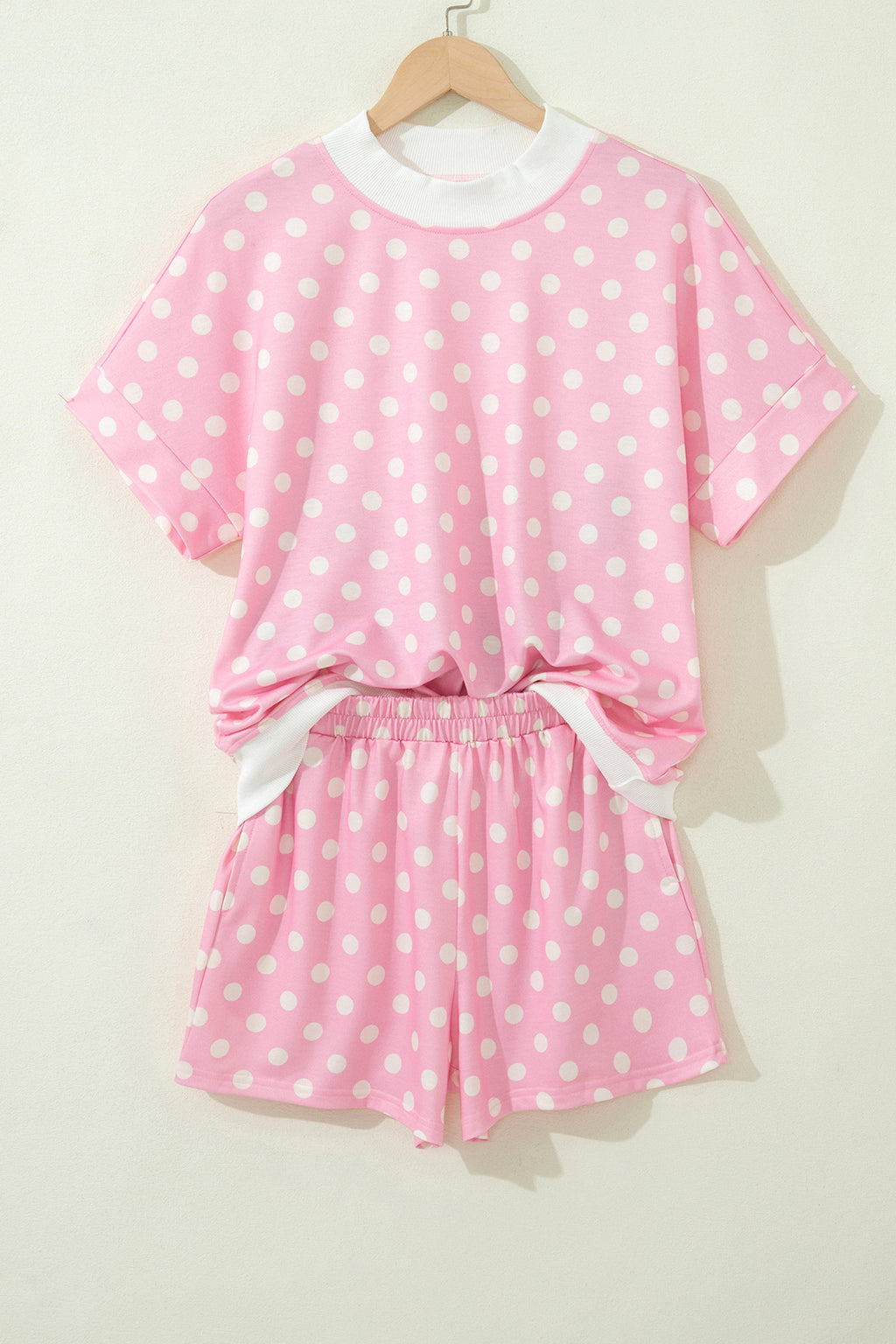 Green Polka Dot Print Color Block Trim Mock Neck Short Set