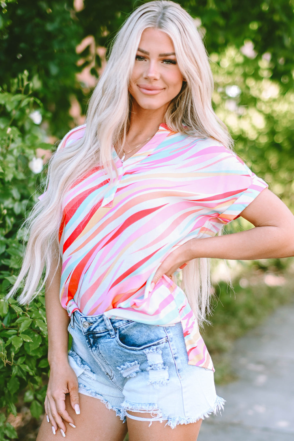 Multicolor Abstract Print High Low Short Sleeve Blouse