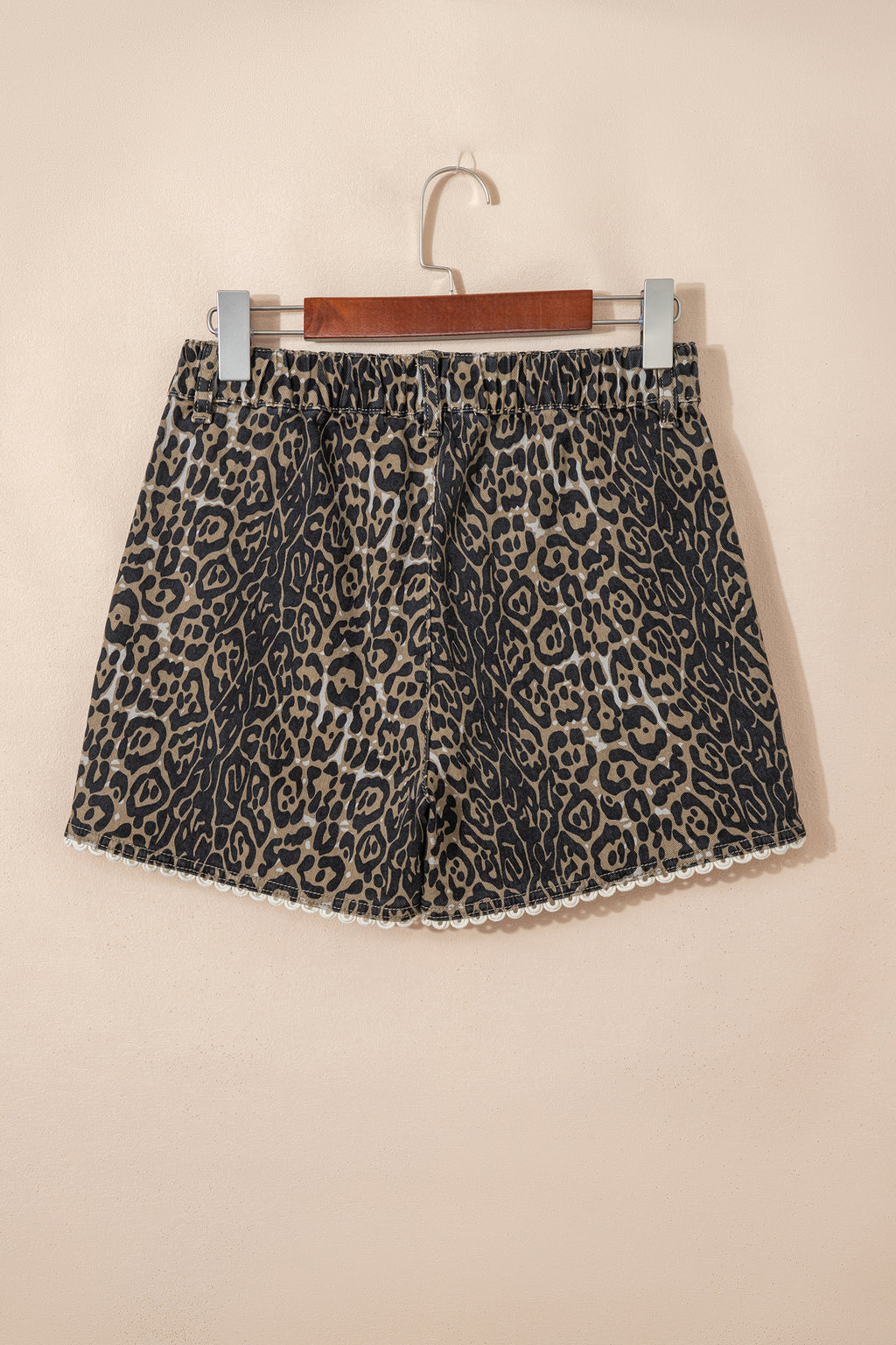 Khaki Contrast Scalloped Lace Trim Leopard Denim Shorts