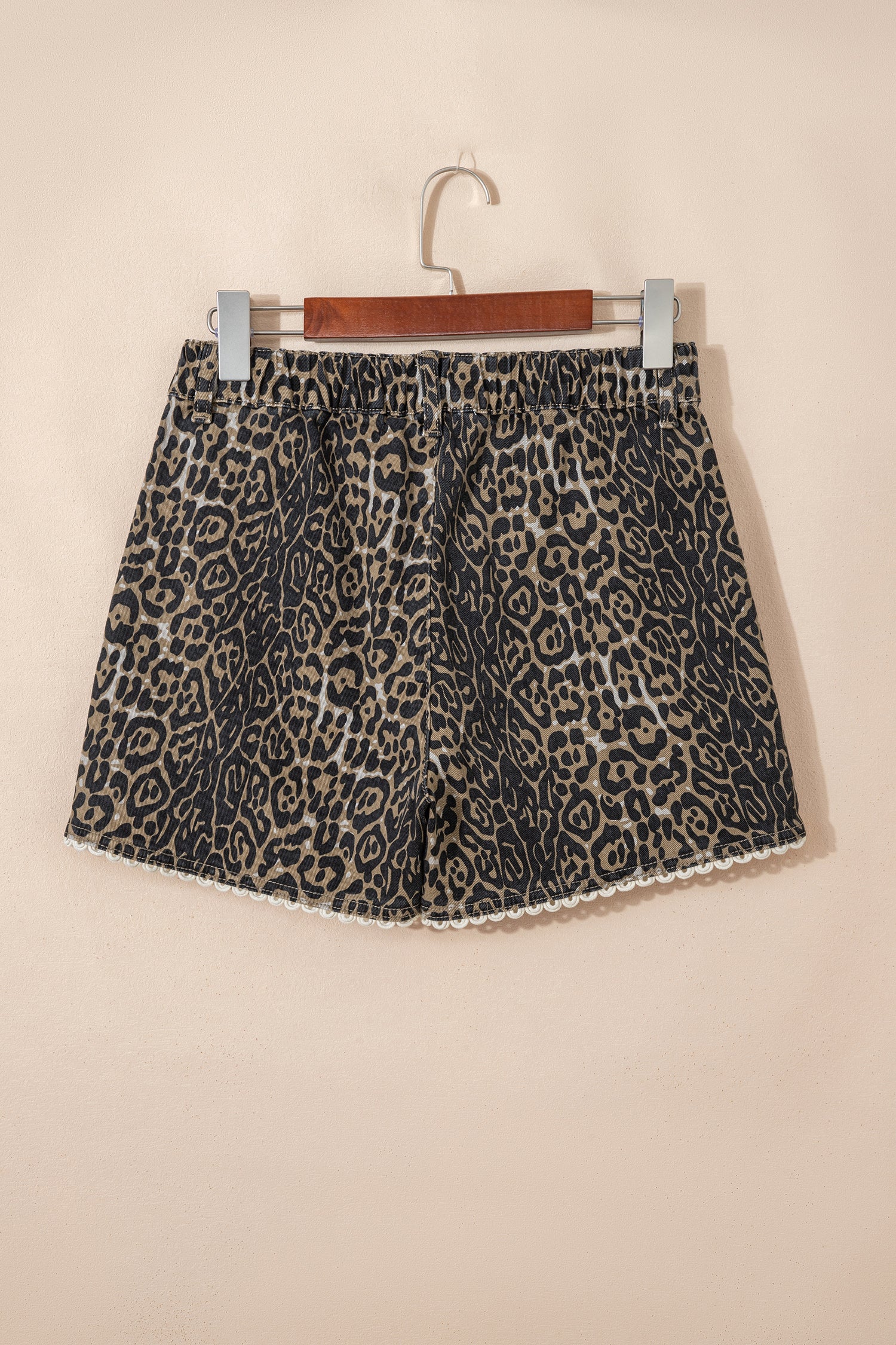 Khaki Contrast Scalloped Lace Trim Leopard Denim Shorts