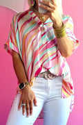 Multicolor Abstract Print High Low Short Sleeve Blouse