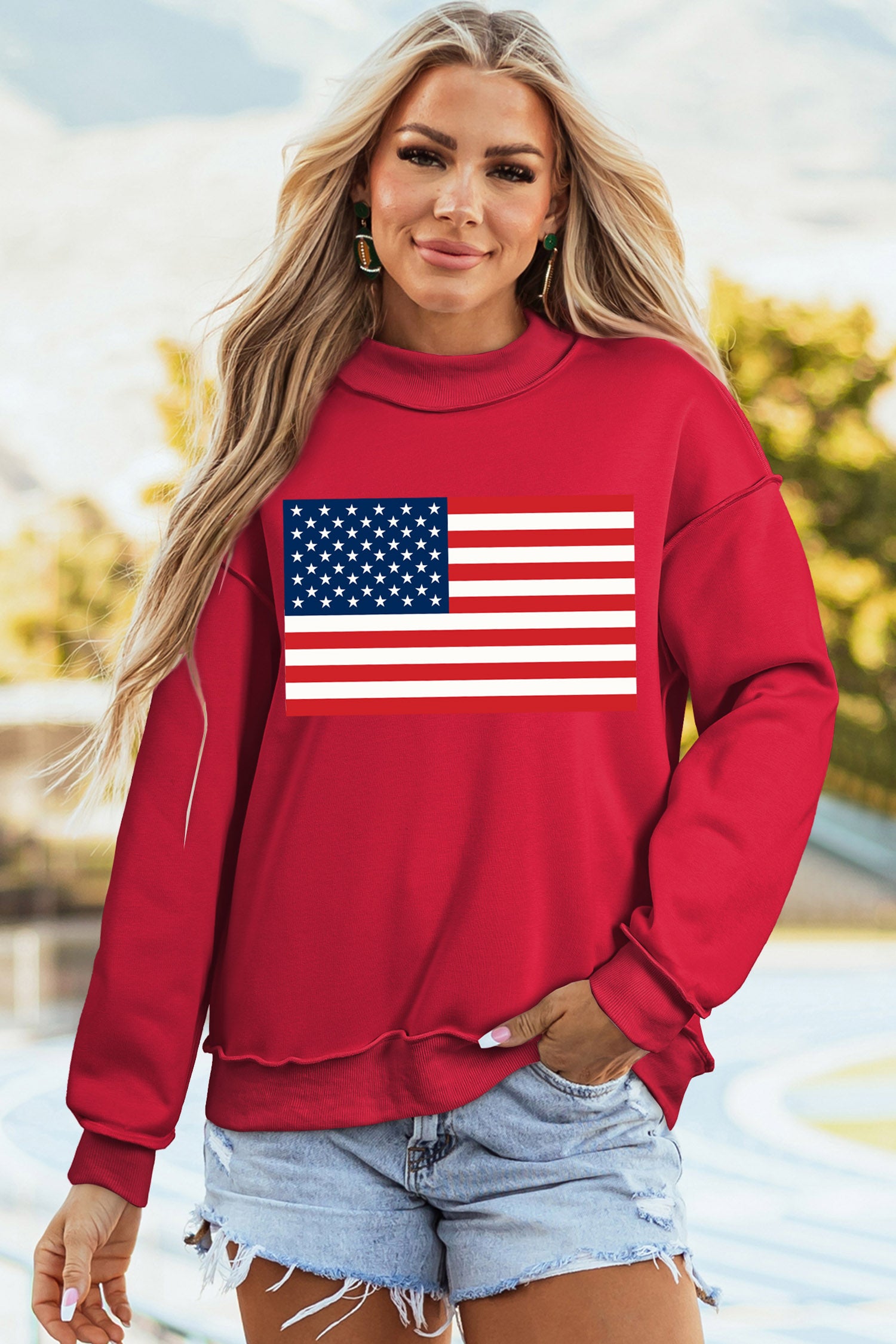 Racing Red American Flag/ USA Double Side Print Reversible Mock Neck Sweatshirt