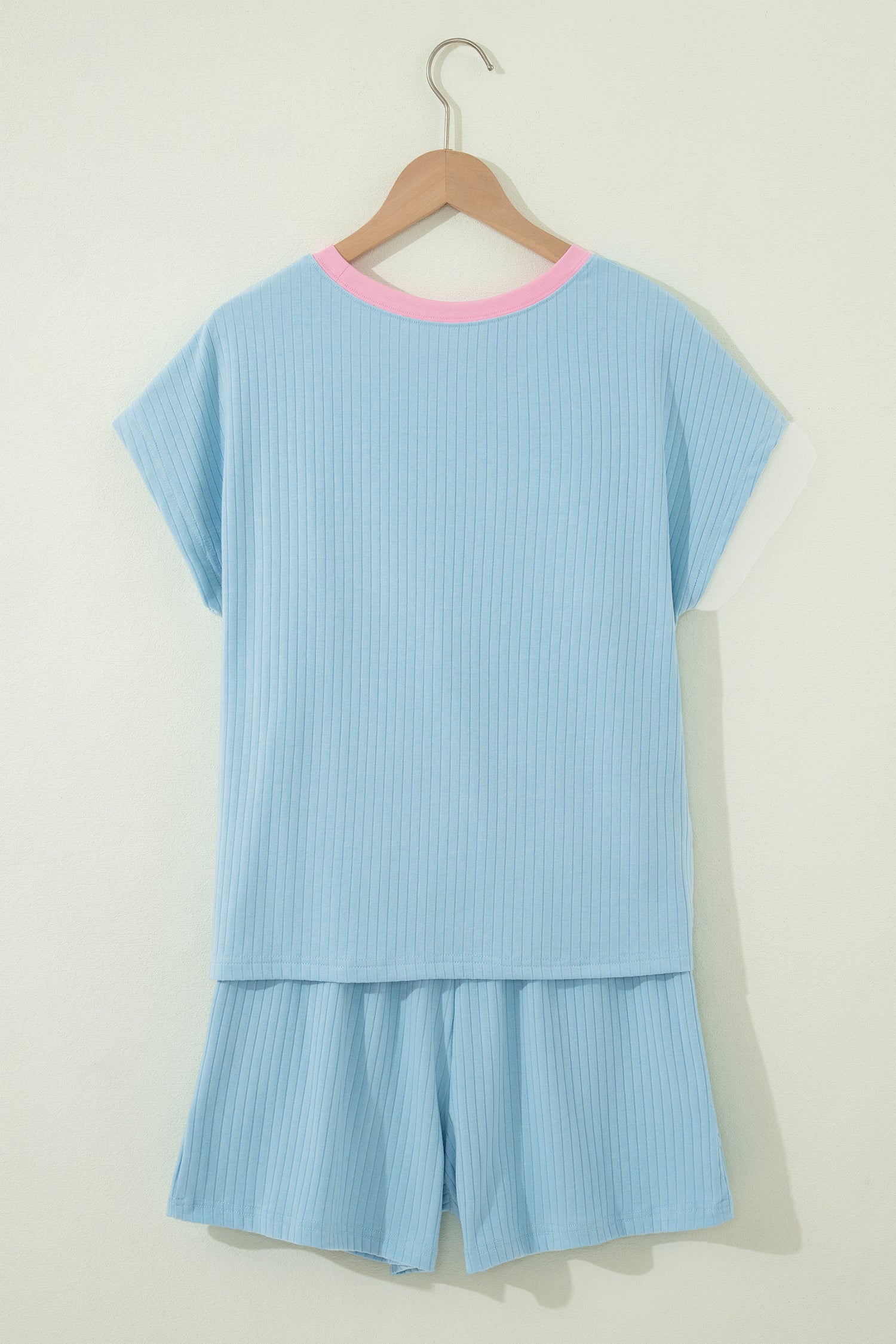 Yellow Cream Soft Ribbed Color Block Trim Casual Short Set