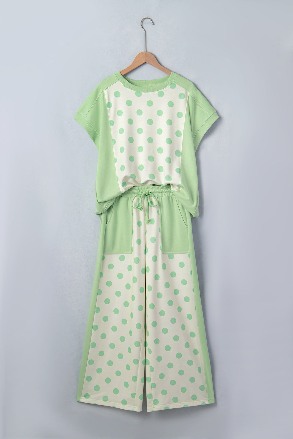 Sky Blue Color Block Patchwork Polka Dot Wide Leg Pant Set