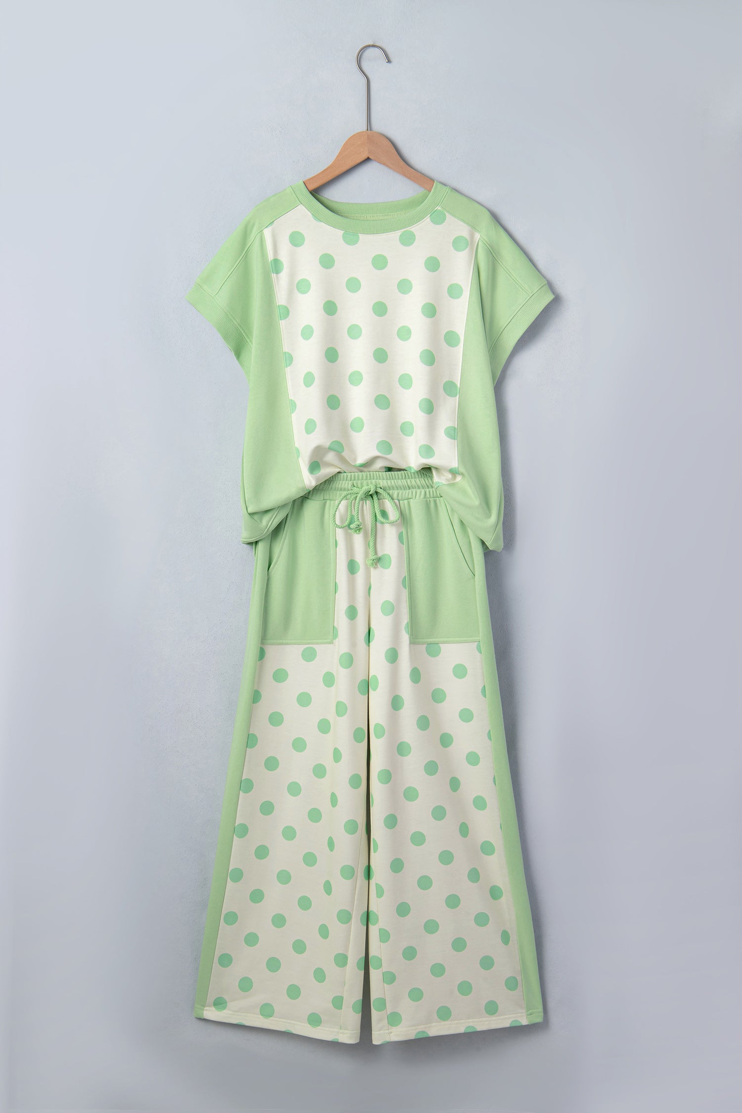 Sky Blue Color Block Patchwork Polka Dot Wide Leg Pant Set