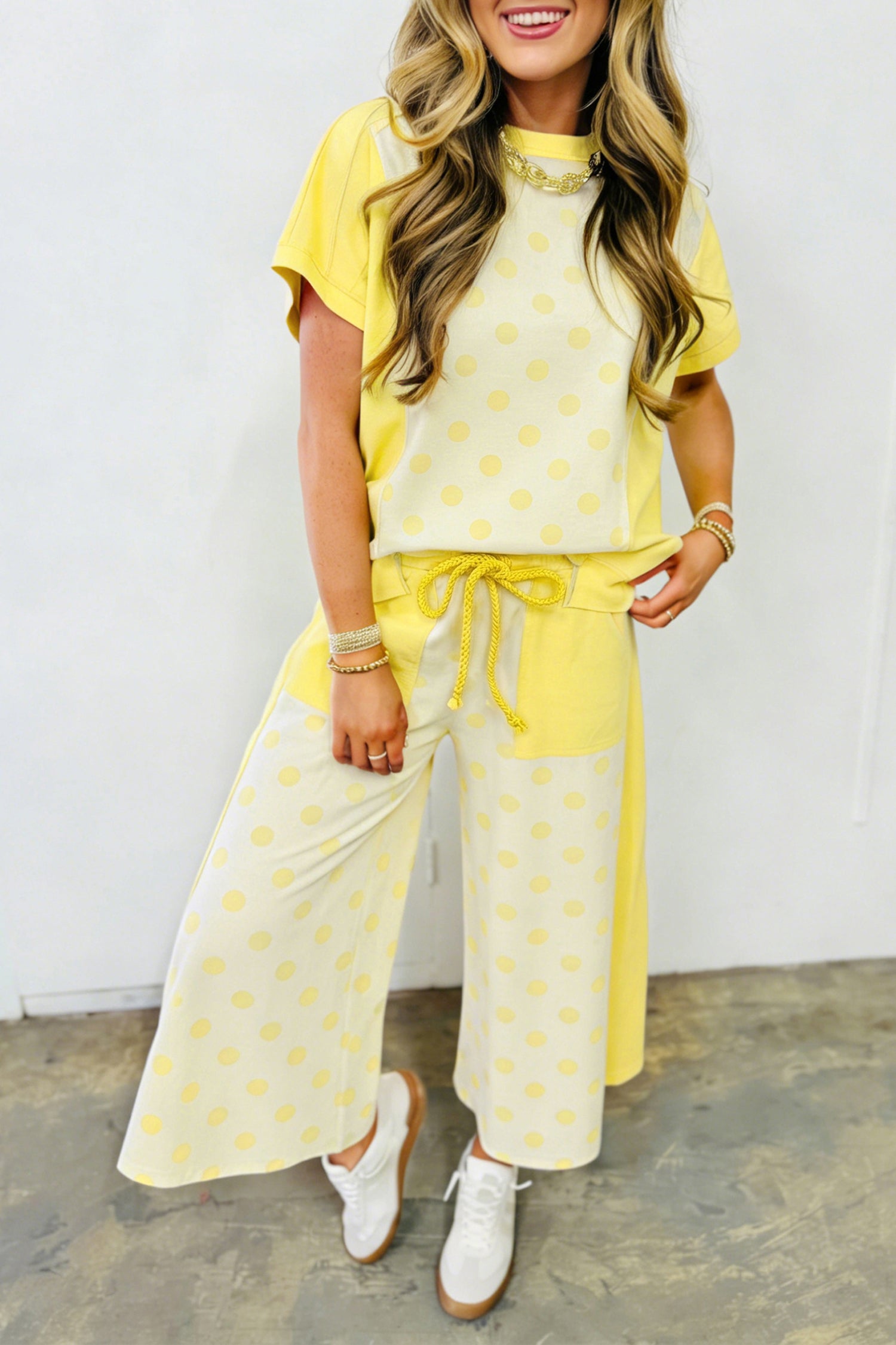 Sky Blue Color Block Patchwork Polka Dot Wide Leg Pant Set