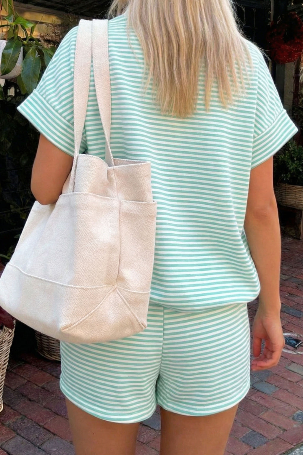 Sky Blue Stripe Cuffed Sleeve Contrast Mock Neck Tee Casual 2pcs Short Set