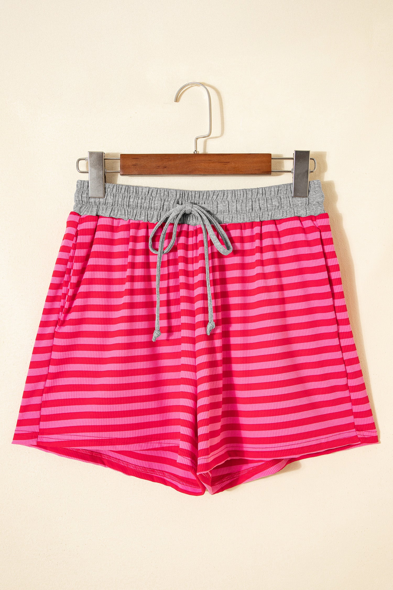 Rose Stripe Contrast Elastic Waist Casual Ribbed Shorts