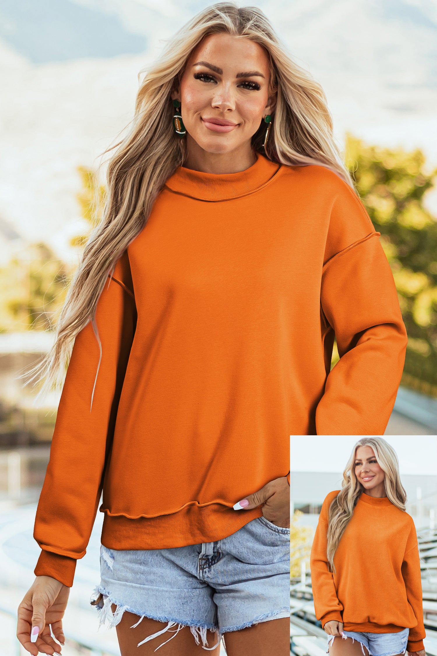 Coffee Oversize Drop Shoulder Reversible Mock Neck Sweatshirt