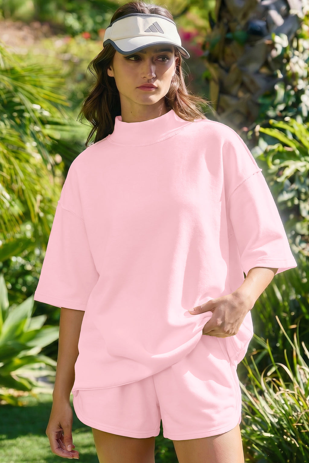 Mist Blue Solid Color Exposed Seam Mock Neck Oversize Tee Casual Shorts 2pcs Outfit
