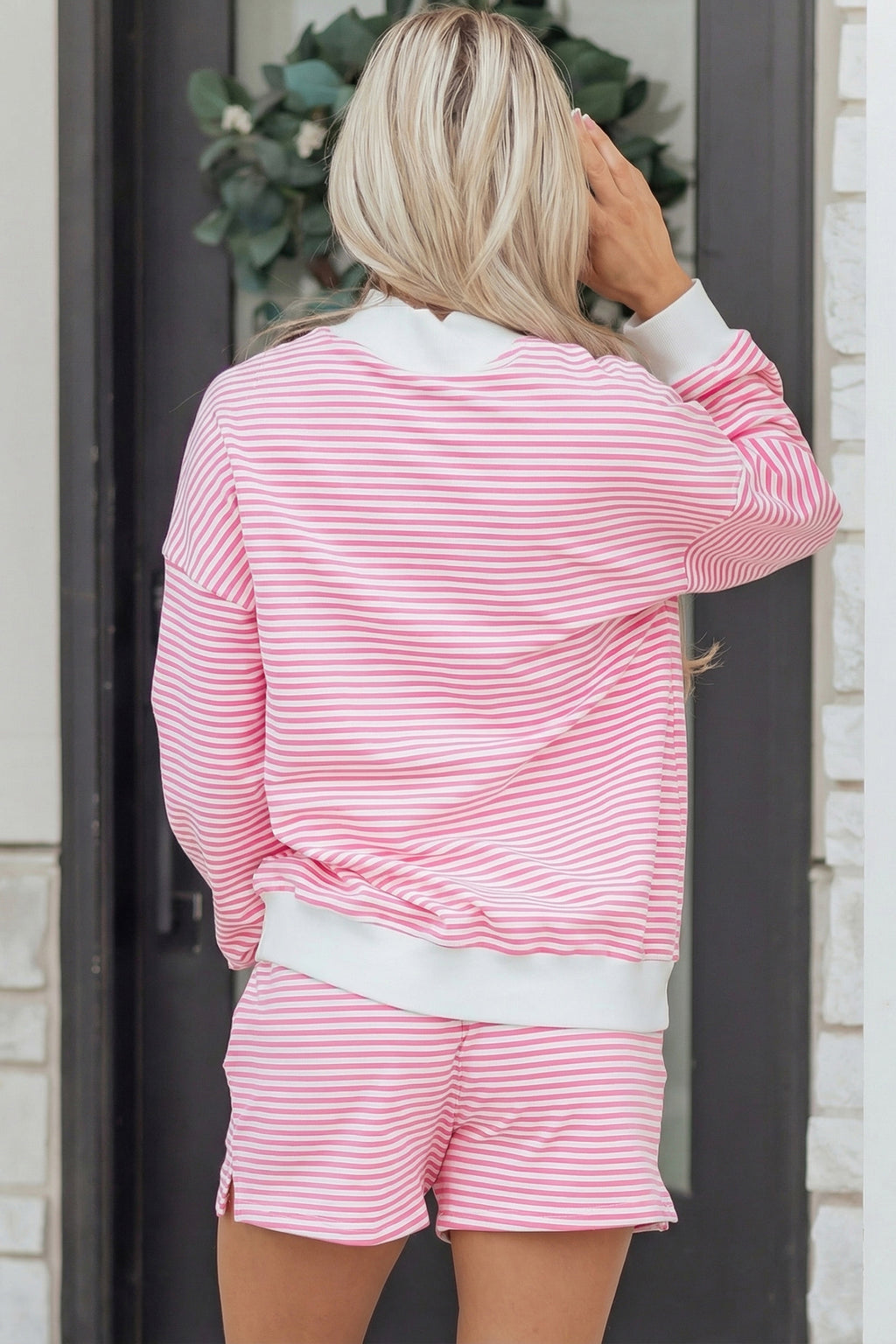 Pink Stripe Oversize Mock Neck Sweatshirt and Shorts Set
