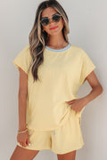 Yellow Cream Soft Ribbed Color Block Trim Casual Short Set