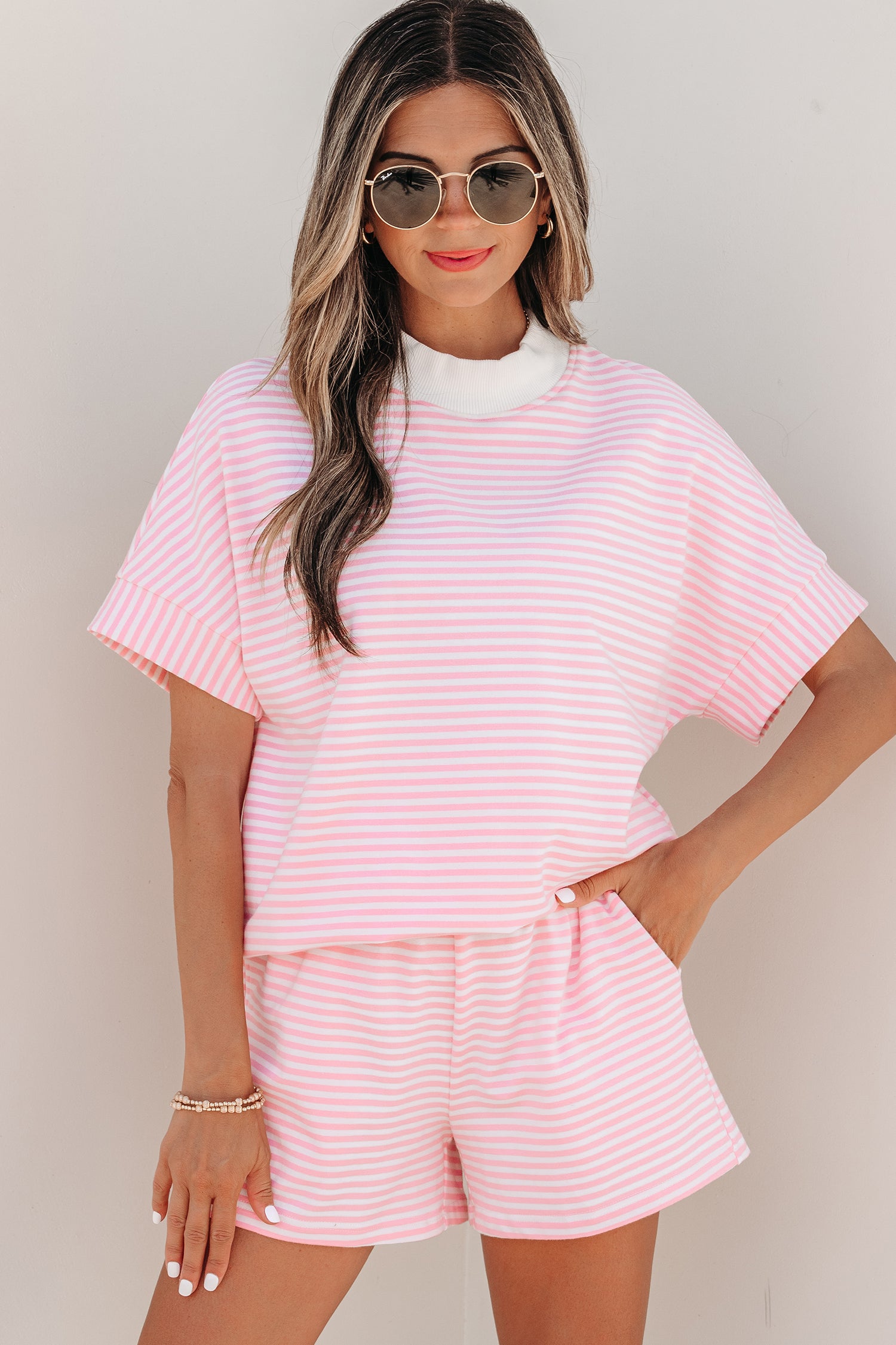 Sky Blue Stripe Cuffed Sleeve Contrast Mock Neck Tee Casual 2pcs Short Set
