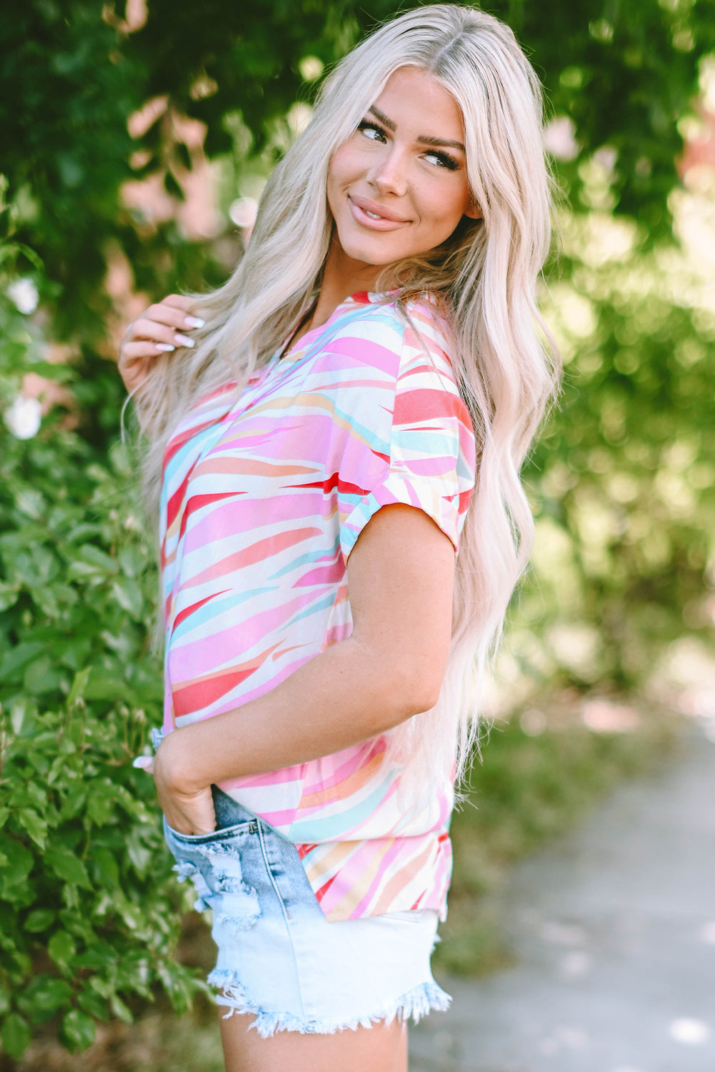 Multicolor Abstract Print High Low Short Sleeve Blouse