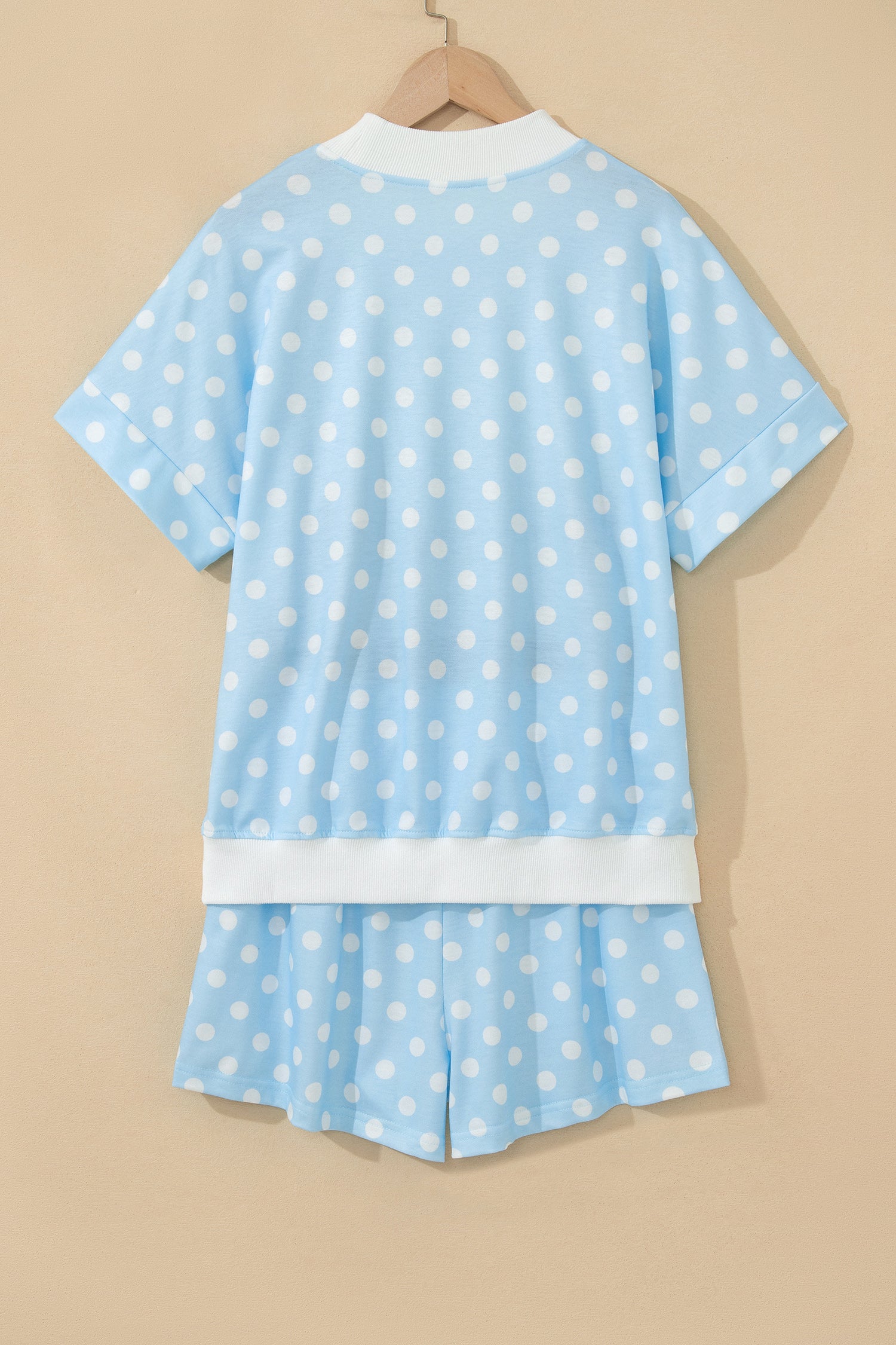 Green Polka Dot Print Color Block Trim Mock Neck Short Set
