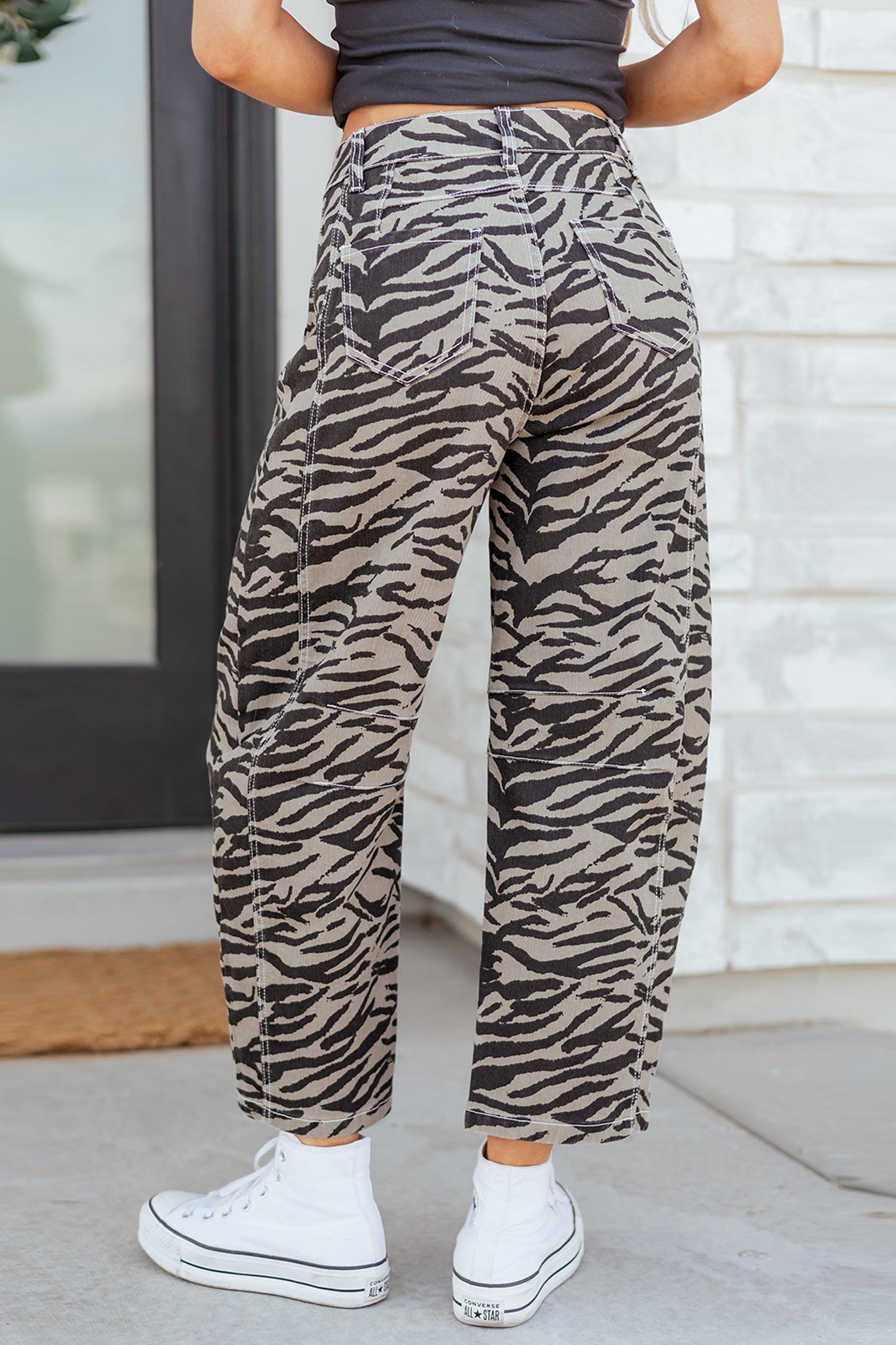 Gray Zebra Stripe Printed Wide Leg Barrel Jeans