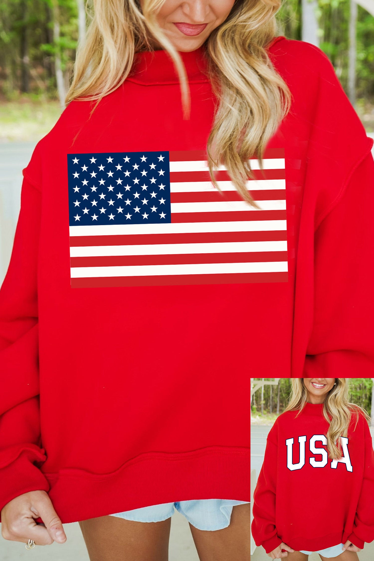 Racing Red American Flag/ USA Double Side Print Reversible Mock Neck Sweatshirt