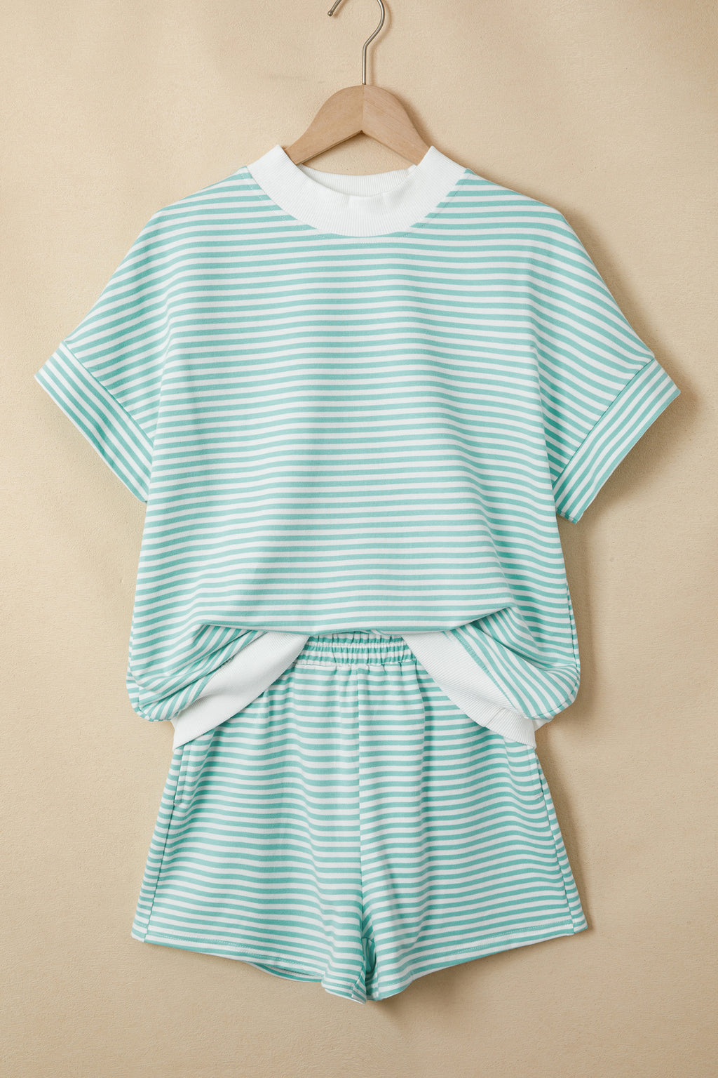 Sky Blue Stripe Cuffed Sleeve Contrast Mock Neck Tee Casual 2pcs Short Set