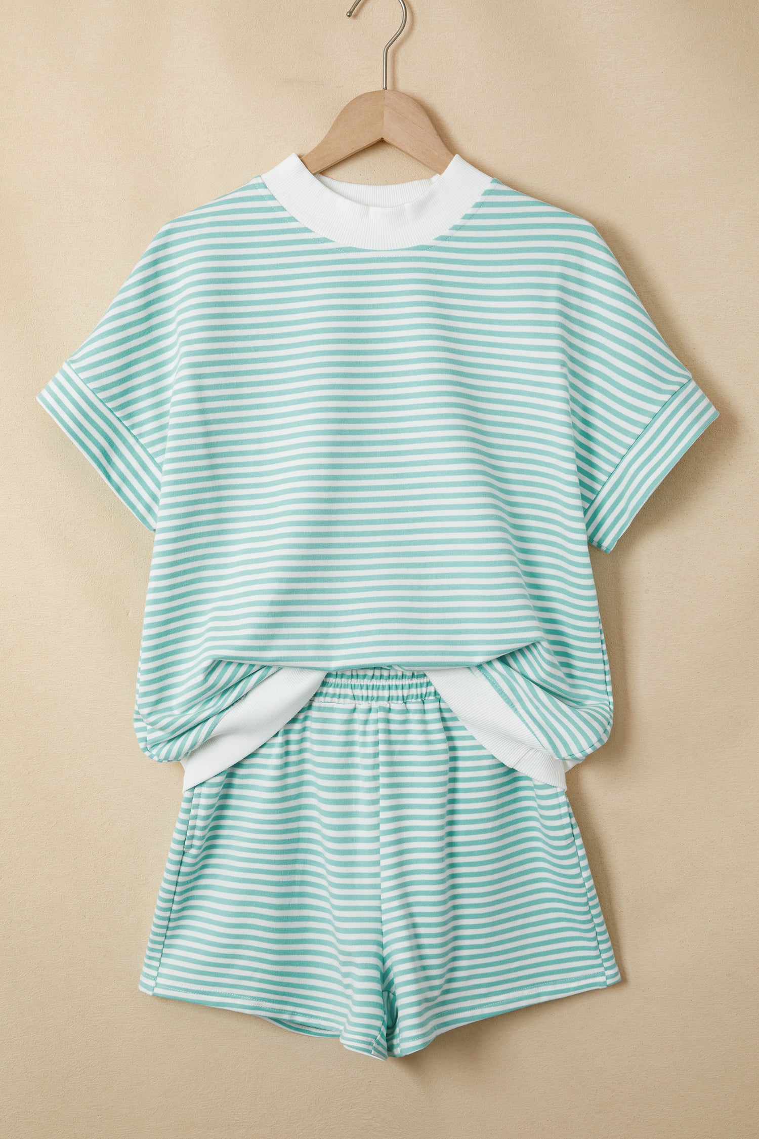 Sky Blue Stripe Cuffed Sleeve Contrast Mock Neck Tee Casual 2pcs Short Set