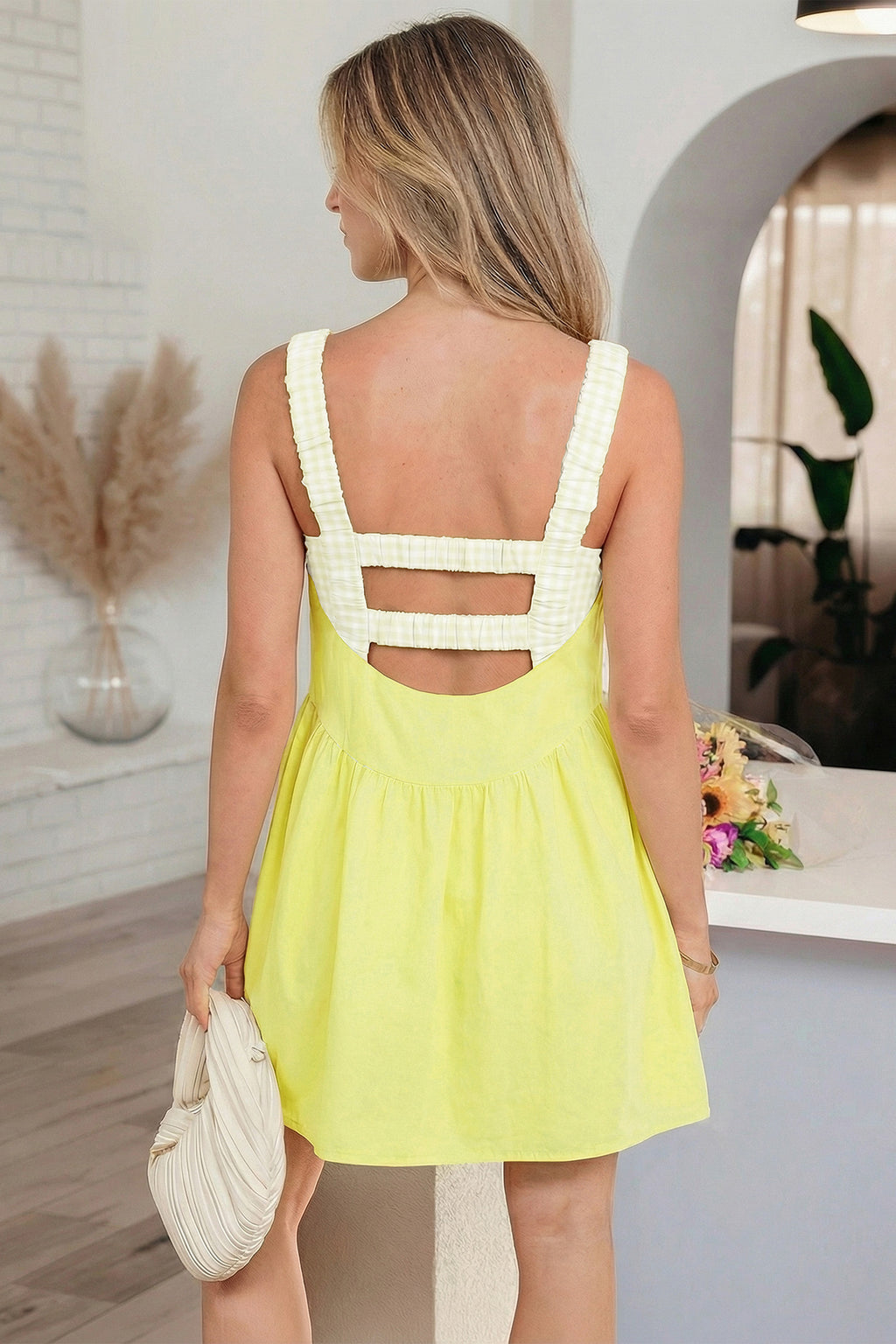 White Faux Two Piece Gingham Contrast Patchwork Loose Mini Dress
