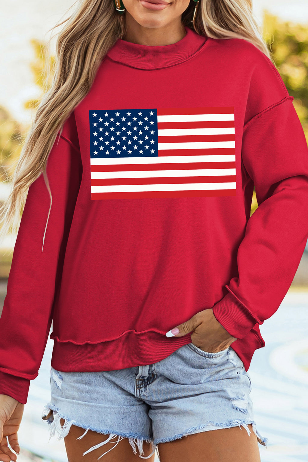 Racing Red American Flag/ USA Double Side Print Reversible Mock Neck Sweatshirt