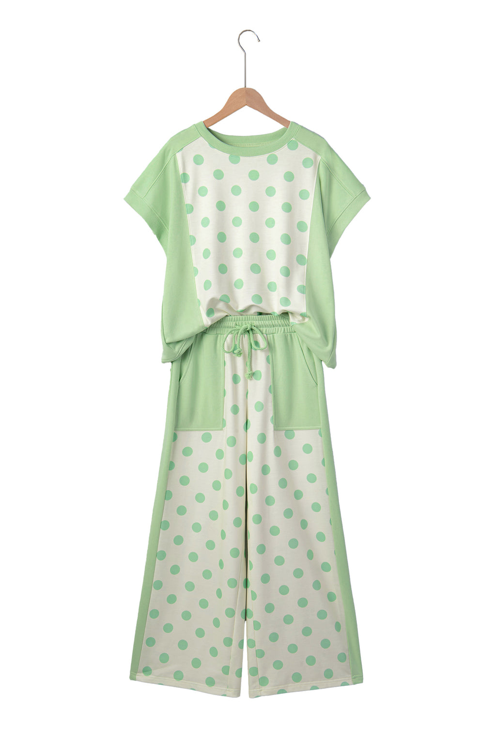 Sky Blue Color Block Patchwork Polka Dot Wide Leg Pant Set