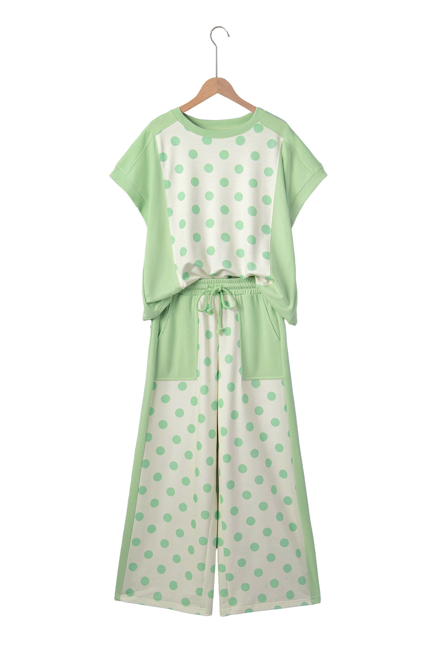 Sky Blue Color Block Patchwork Polka Dot Wide Leg Pant Set