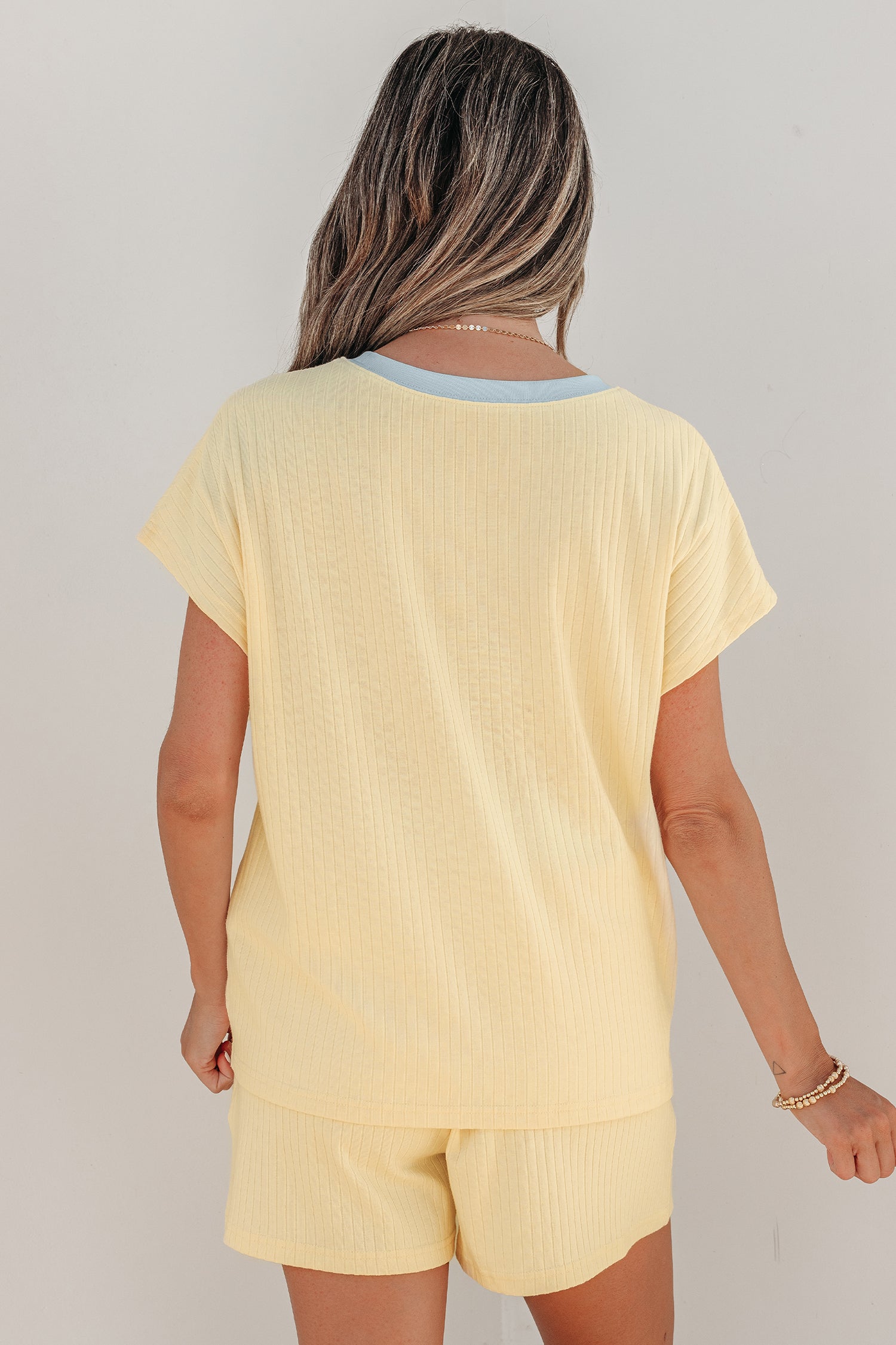 Yellow Cream Soft Ribbed Color Block Trim Casual Short Set