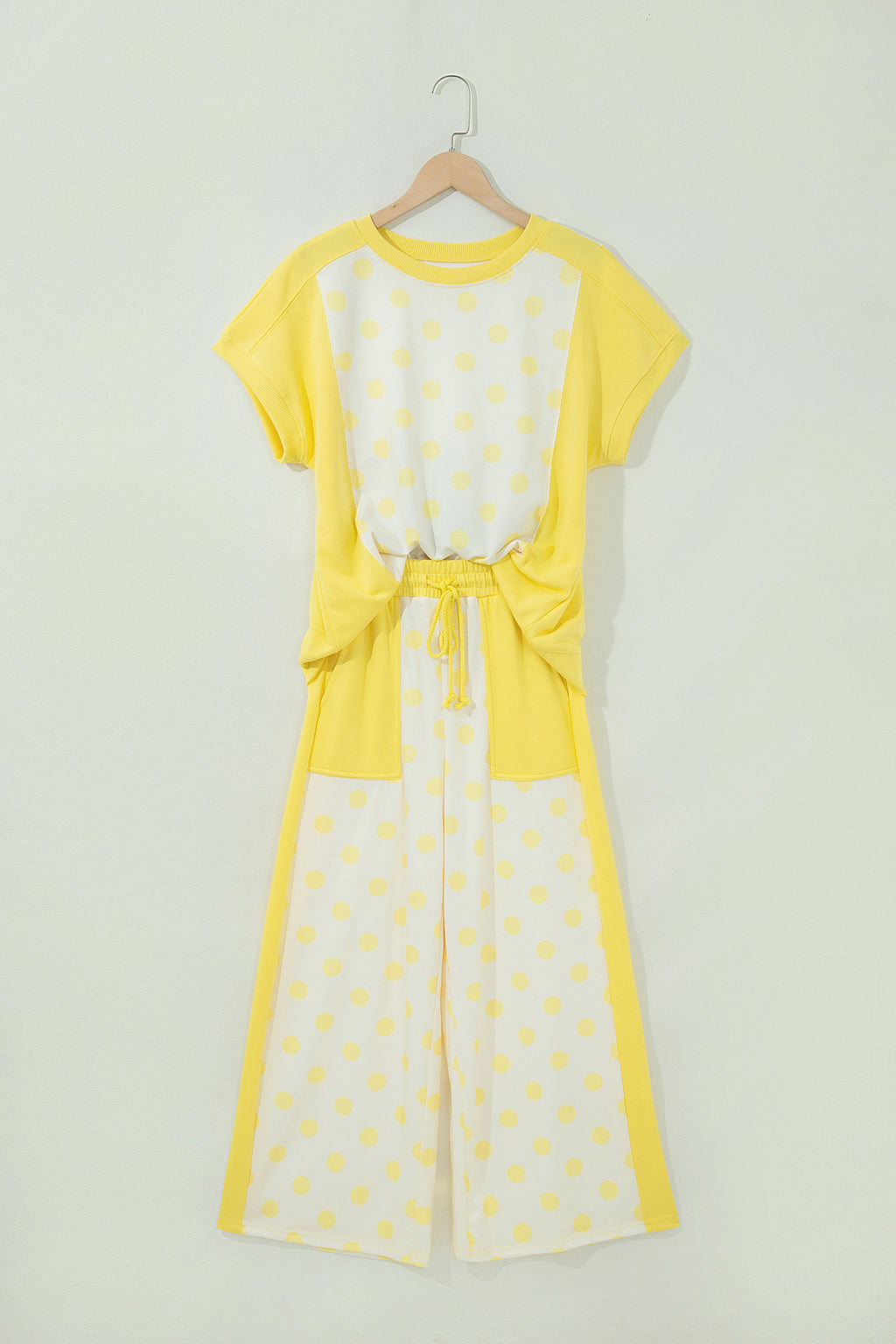 Sky Blue Color Block Patchwork Polka Dot Wide Leg Pant Set