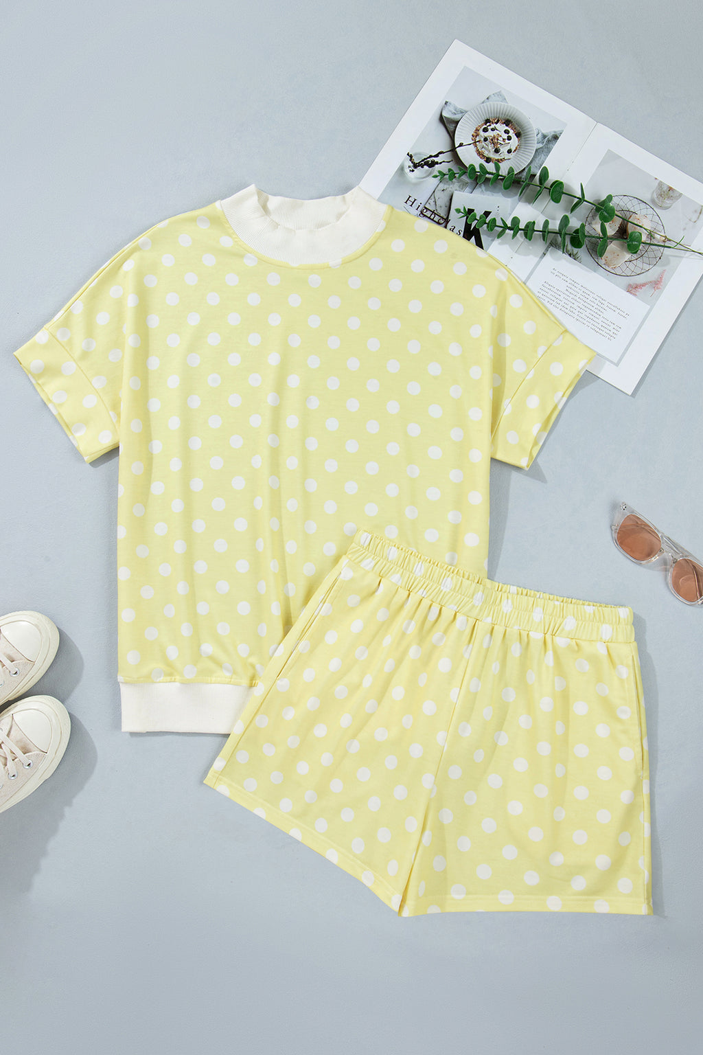 Green Polka Dot Print Color Block Trim Mock Neck Short Set