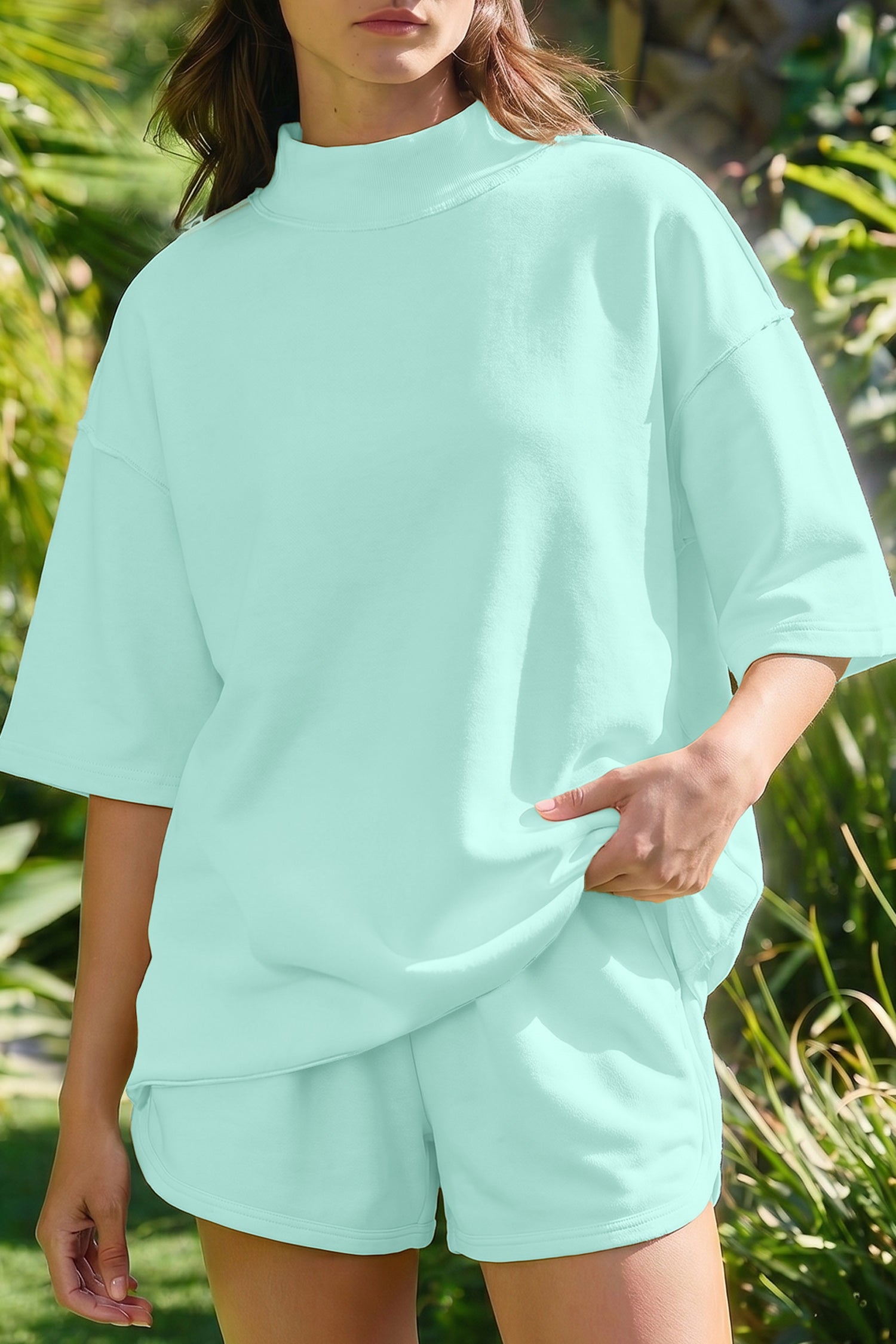 Mist Blue Solid Color Exposed Seam Mock Neck Oversize Tee Casual Shorts 2pcs Outfit
