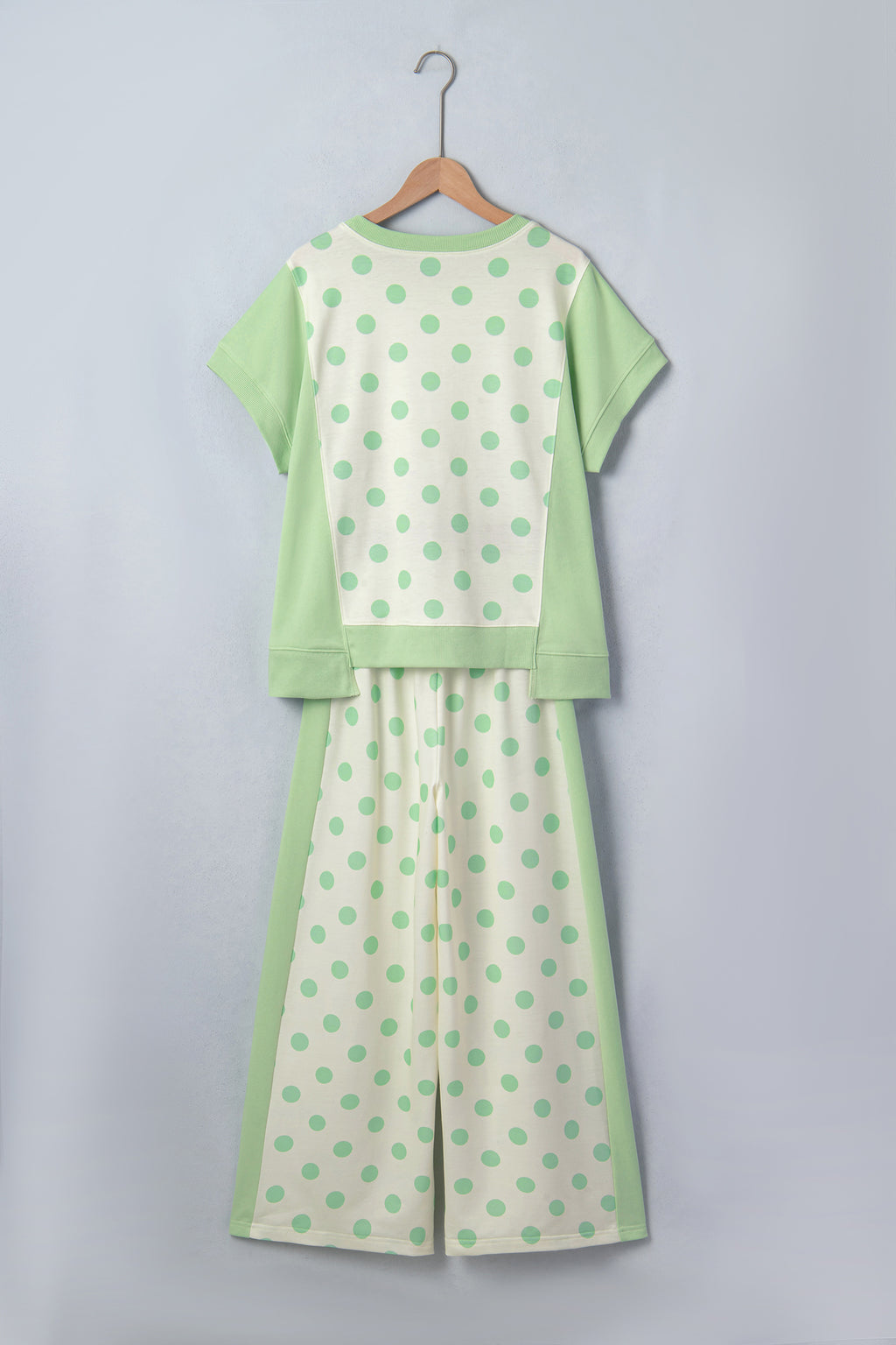 Sky Blue Color Block Patchwork Polka Dot Wide Leg Pant Set