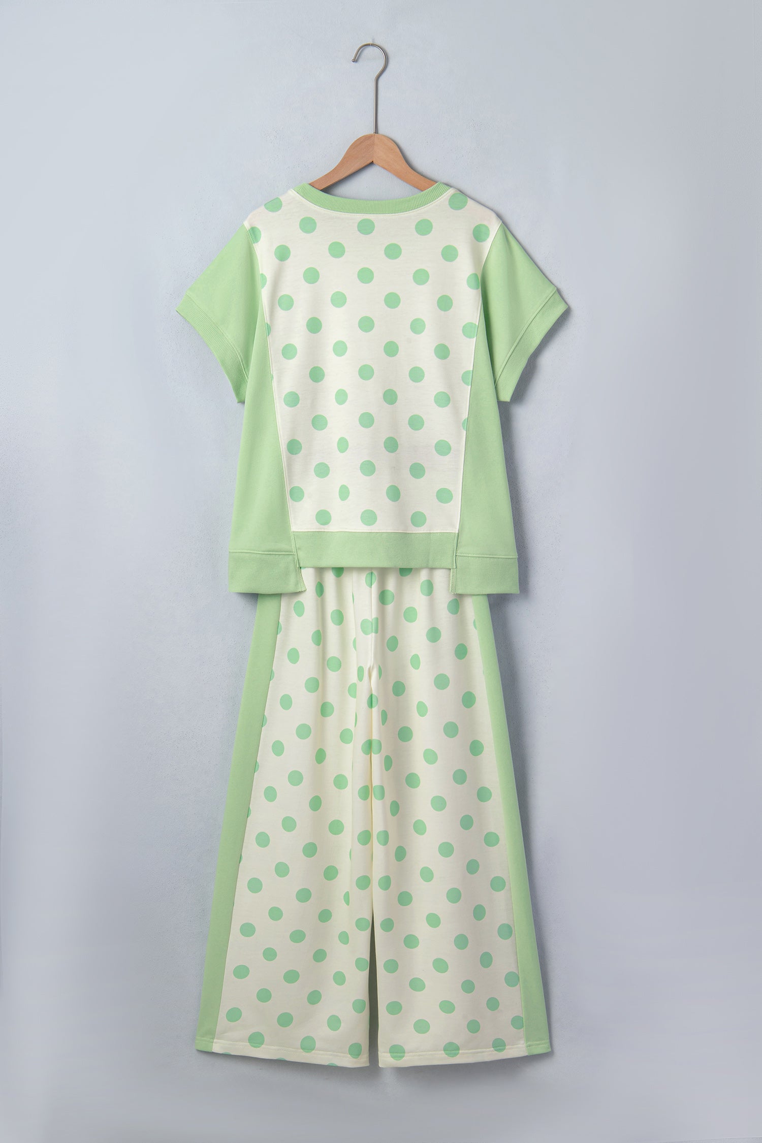 Sky Blue Color Block Patchwork Polka Dot Wide Leg Pant Set