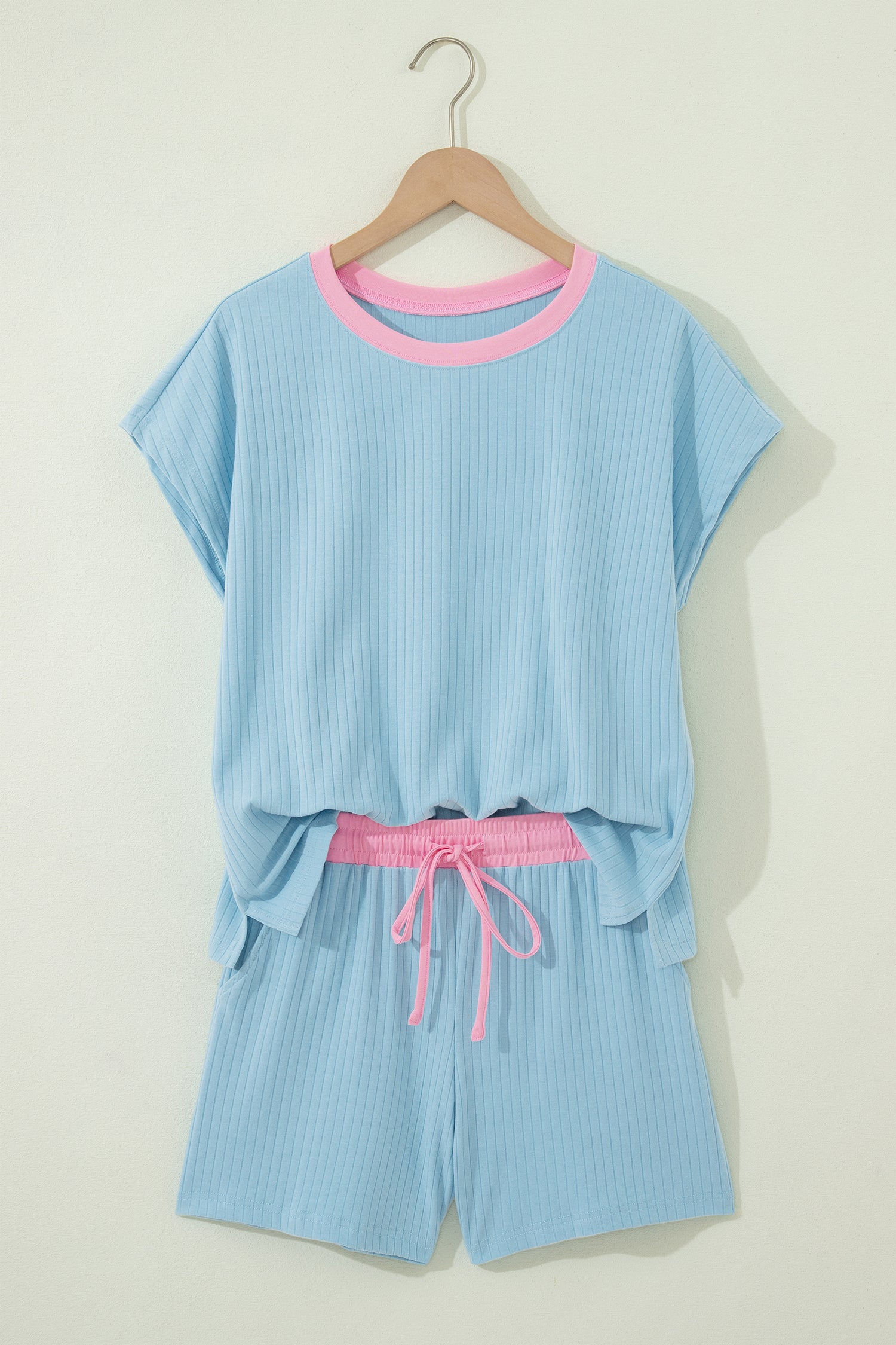 Yellow Cream Soft Ribbed Color Block Trim Casual Short Set